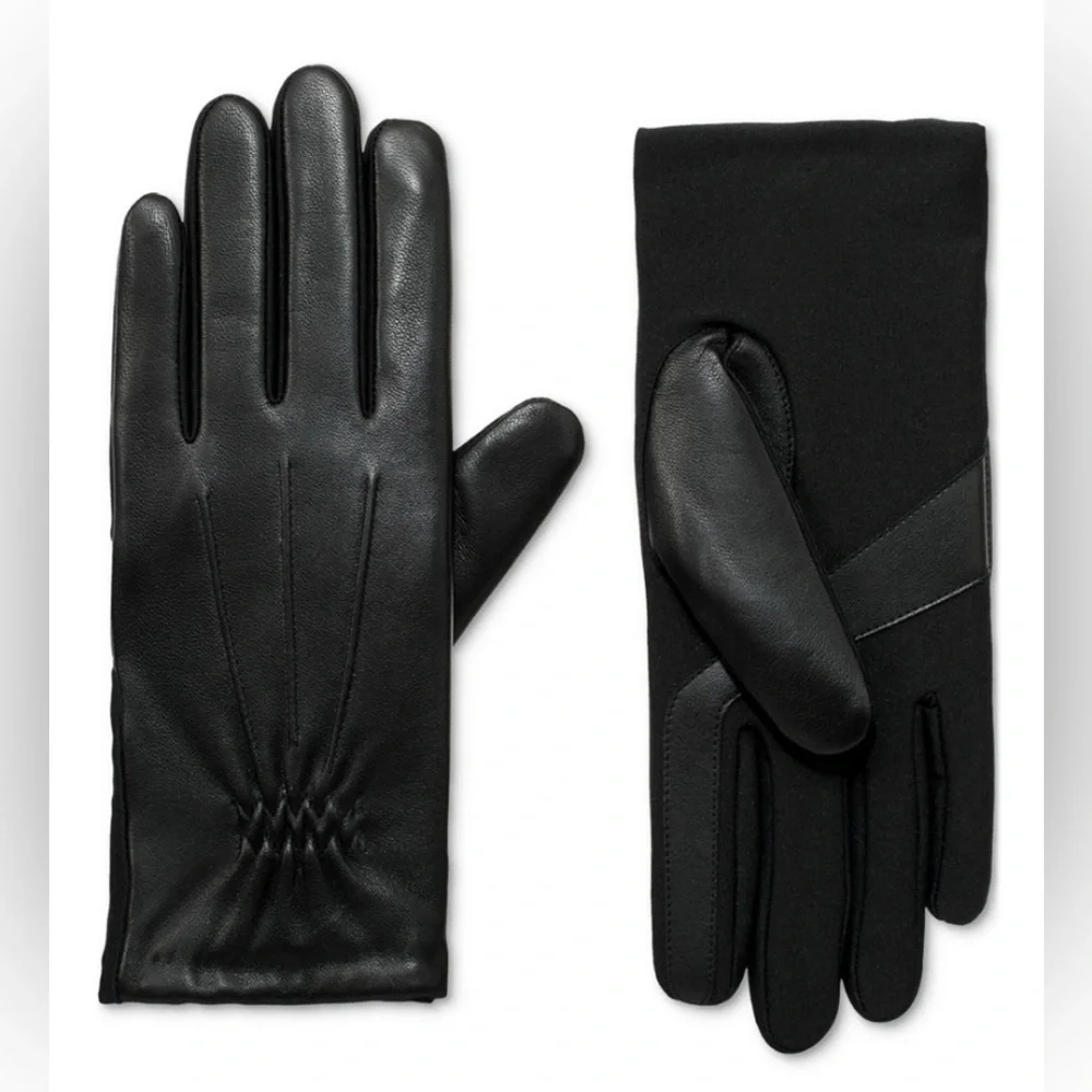 NWT Isotoner Black Leather Gloves with Stitch Detail